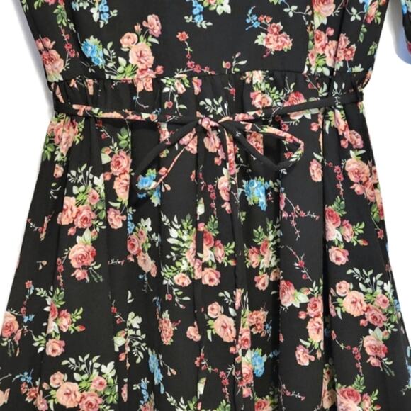 ModCloth Floral Ruffle Mock Neck Front Tie Waist Black Midi Dress Size S - Picture 8 of 16